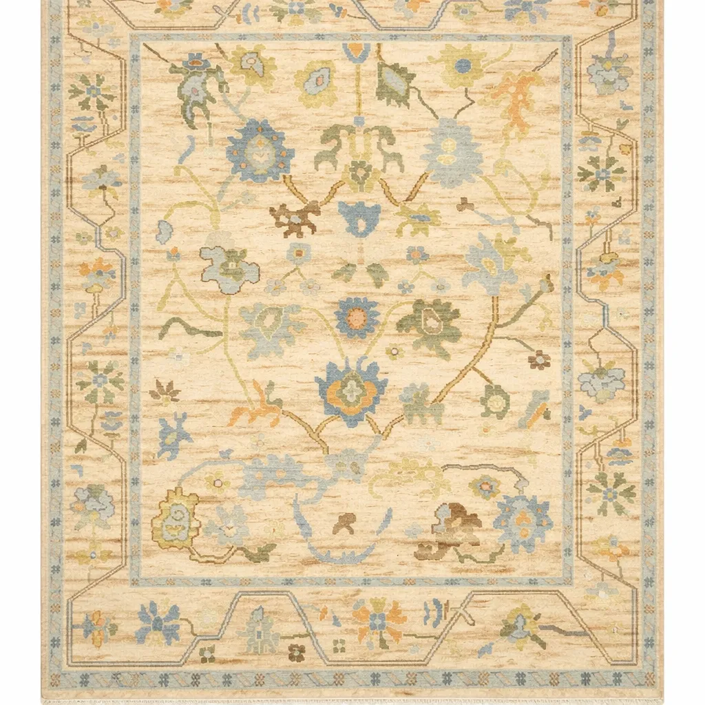 Hand-Knotted Oushak Rug – Ivory & Blue Floral Design | NZ Wool
